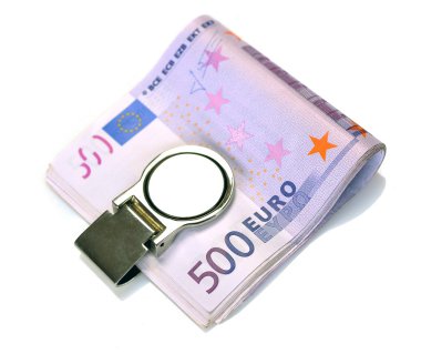 Bundle of 500 Euro bank notes fasten with money clipart