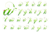 Ecology green pattern font alphabet with leafs and ladybird