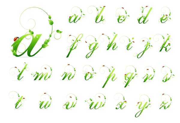 Ecologia verde modello font alfabeto con foglie e coccinella — Vettoriale Stock