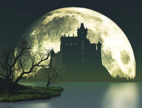 万圣节幽灵城堡上月亮背景 — 图库照片#