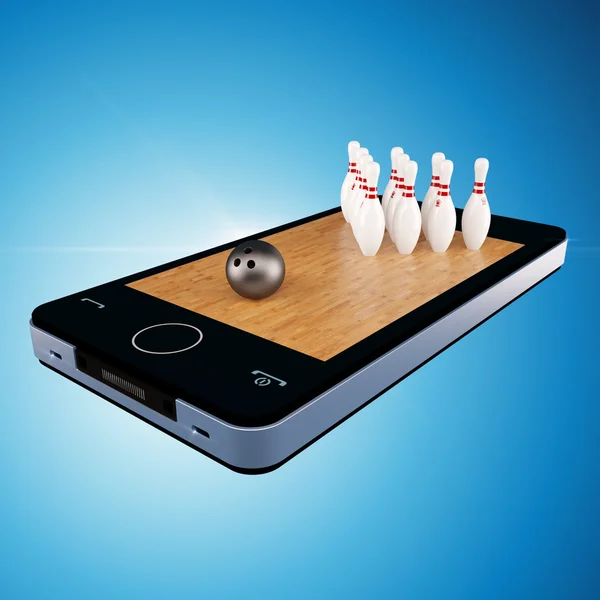 Telefone inteligente, telefone móvel com jogo de boliche — Fotografia de Stock