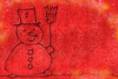 Red Christmas background, children's art snowman clipart