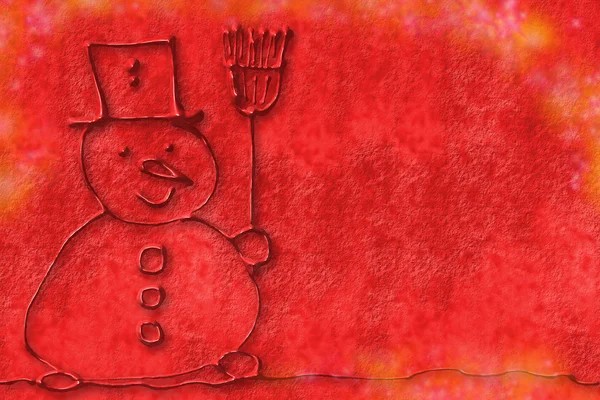 红色圣诞背景，儿童艺术雪人 — 图库照片