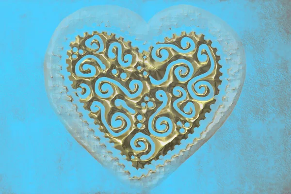 Cartão de amor, coração de ouro sobre fundo turquesa — Fotografia de Stock