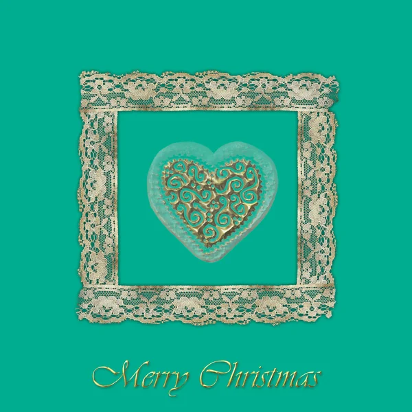 Velho cartão de Natal coração de ouro — Fotografia de Stock