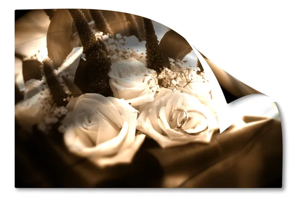 Old wedding card bridal bouquet and partnerships — Stock Photo, Image