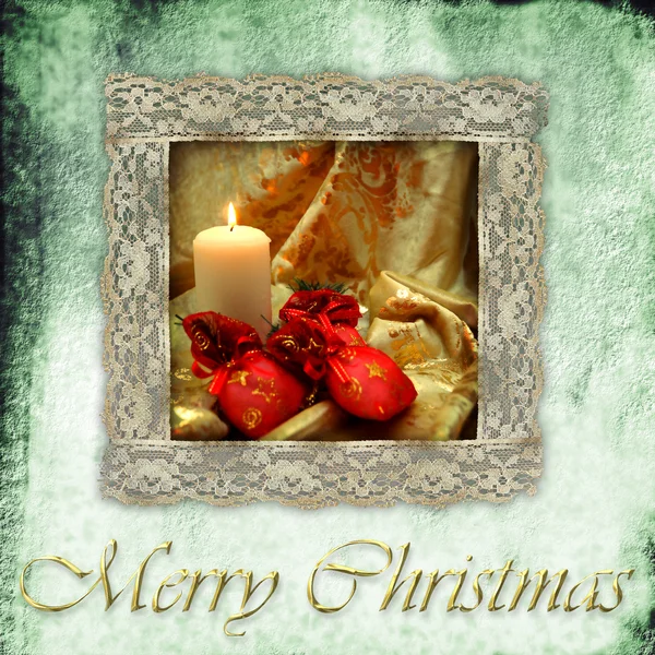 Retro karta vánoční svíčku a dary — Stock fotografie