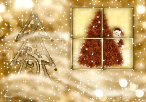 Tarjeta de felicitación de Navidad, Santa Claus en la noche de oro — Foto de Stock