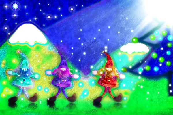 Vánoční přání, tři santa je elfové v lese — Stock fotografie