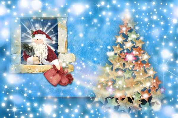 Cartão de Natal, presentes do Pai Natal saindo de casa — Fotografia de Stock