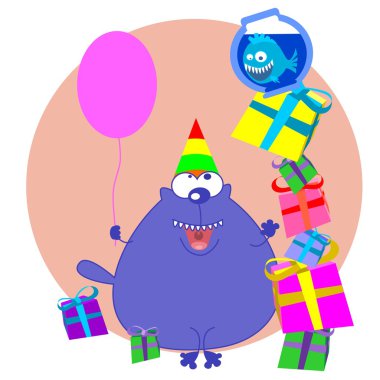 Cat with gifts and balloon clipart