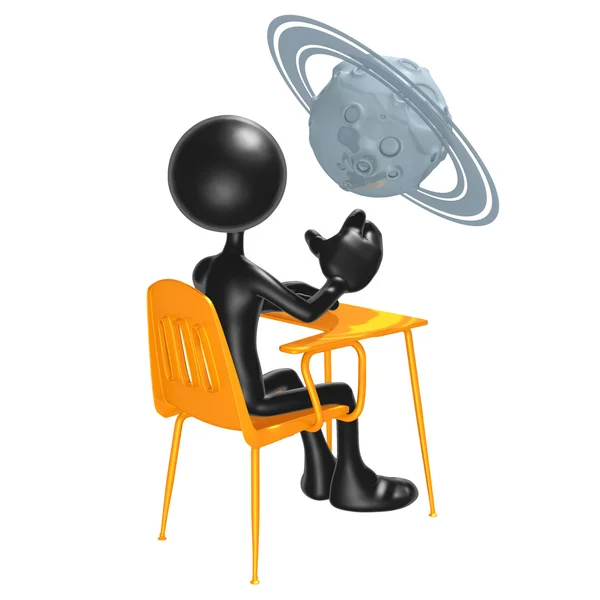 Студент с планетой над школьным столом — стоковое фото