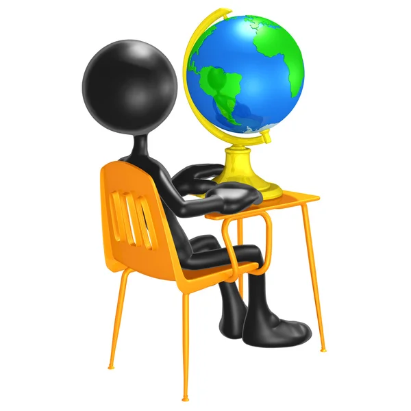 Estudante com um globo na mesa da escola — Fotografia de Stock