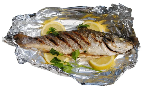 Sea fish cocked in a wrapper on white background — Stock Photo, Image