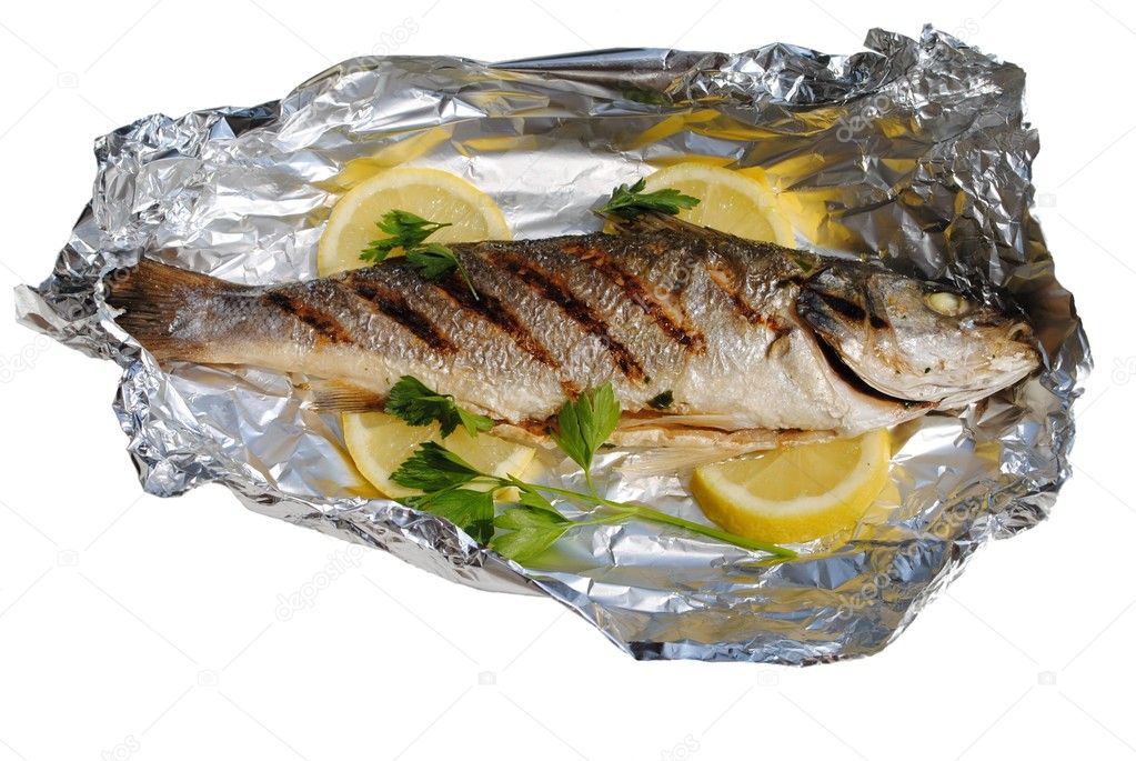 Sea fish cocked in a wrapper on white background