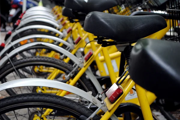 Parked yellow bicycles, concept of bike sharing — Stock Photo, Image