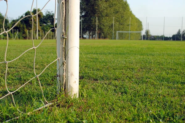 Soccer field, view from behind the goal — Stock Photo, Image