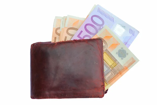 Notas de euro numa carteira castanha isolada sobre fundo branco — Fotografia de Stock
