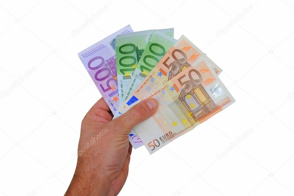 Man hand holds some euro bills isolated on white background