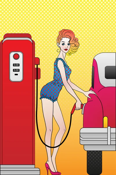 Chica en la gasolinera — Vector de stock
