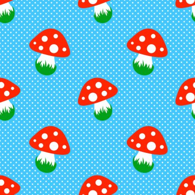 Blue polka dot pattern with red toadstool mushroom seamless clipart