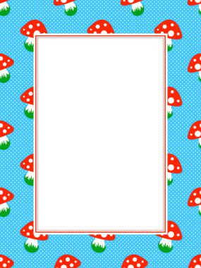 Blue polka dot pattern frame with red toadstool mushroom clipart