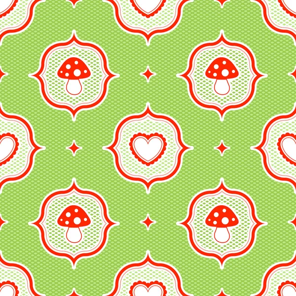 stock vector Green polka dot pattern with red toadstool mushroom and heart seamless