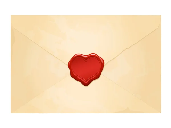 Envelhecido envelope vintage com selo de cera de coração em branco —  Vetores de Stock
