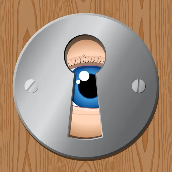 Oog kijkt door sleutelgat? Peeping tom — Stockvector