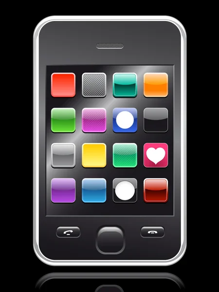 Smartphone met kleurrijke app collectie op zwarte achtergrond — Stockvector