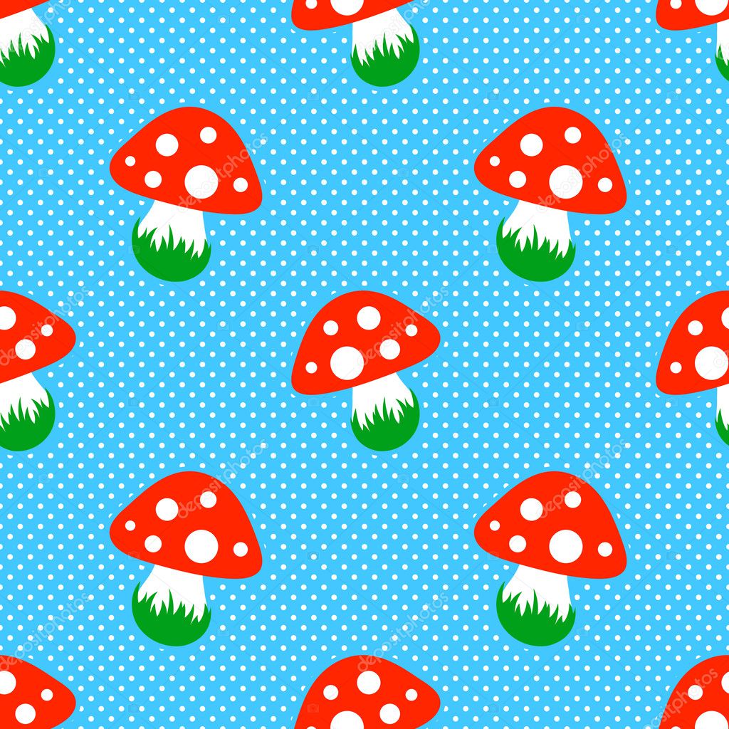 Blue polka dot pattern with red toadstool mushroom seamless
