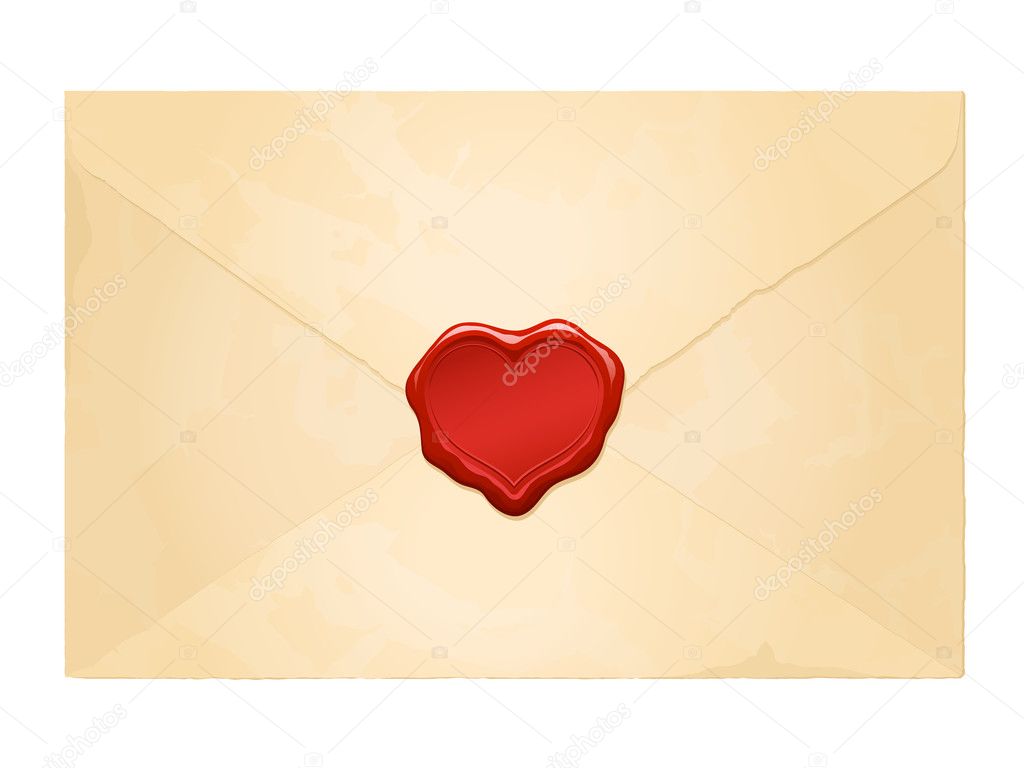 Aged vintage envelope with blank heart wax seal