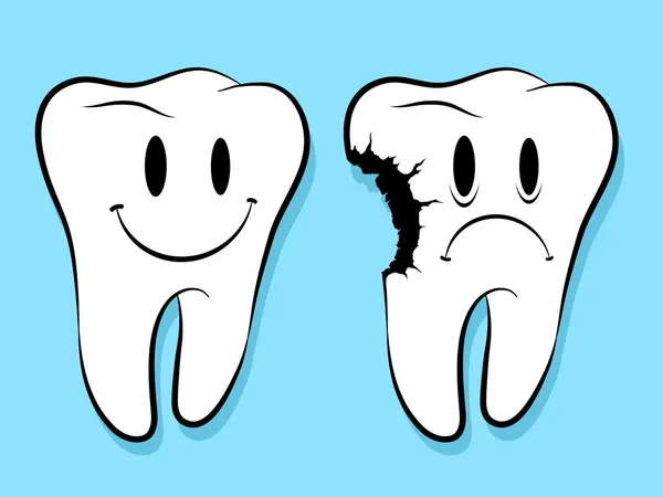 Visages amusants sur dents saines et caries caries — Image vectorielle