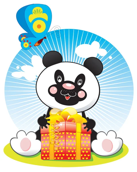 Panda con scatola e farfalla — Vettoriale Stock