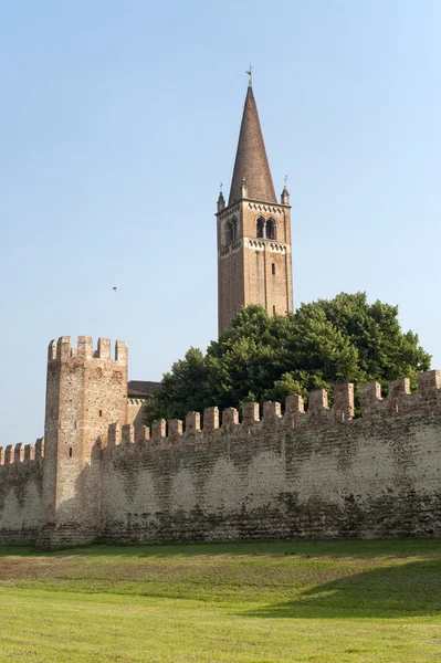 Montagnana (Πάντοβα, Βένετο, Ιταλία) - μεσαιωνικά τείχη και το καμπαναριό — Φωτογραφία Αρχείου