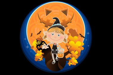 Smiling Halloween Girl with Pumpkin and Candy clipart