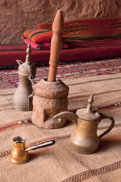 stock image Arabic coffee pots,Grinder in a Bedouin tent