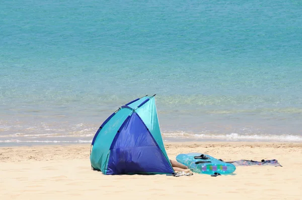 在海滩上的帐篷。加那利岛富埃特文图拉，西班牙 — 图库照片