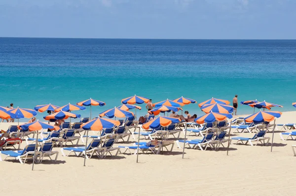 Leżaki na plaży. Wyspy Kanaryjskie fuerteventura, Hiszpania — Zdjęcie stockowe
