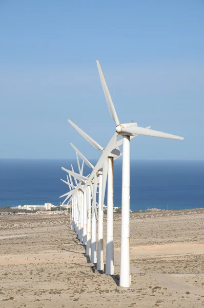 Turbinas eólicas en la costa de Fuerteventura. Islas Canarias, España — Foto de Stock