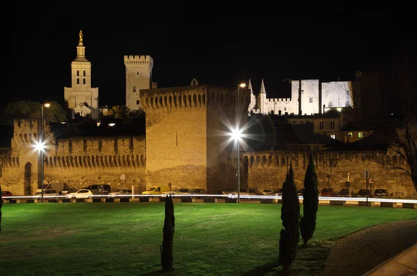アヴィニョンの教皇の宮殿夜、フランスでの城壁 — ストック写真