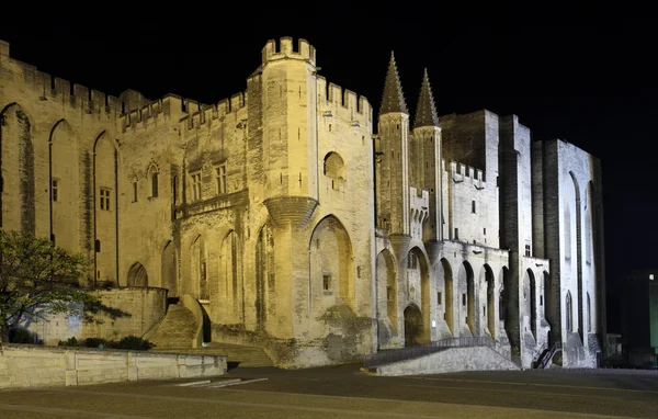 在夜间照明，法国的阿维尼翁的教皇宫殿 — 图库照片