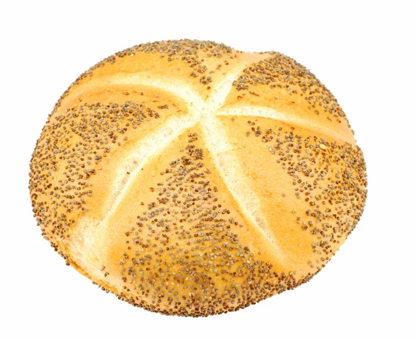 Beyaz arka plan üzerinde izole poppy ile Kaiser ekmek rulo — Stok fotoğraf