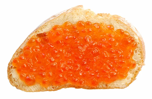 Bread with red caviar isolated over white background — Stock Photo, Image