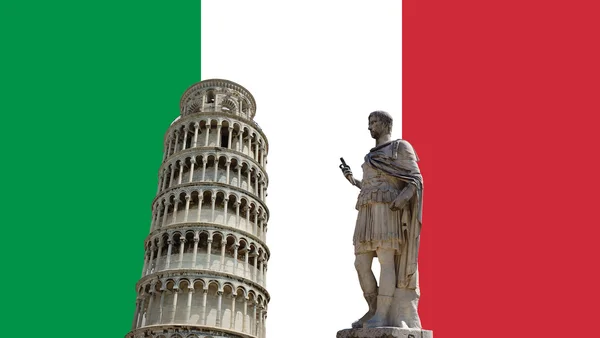 Torre pendente di Pisa e statua di Cesare contro bandiera italiana — Foto Stock