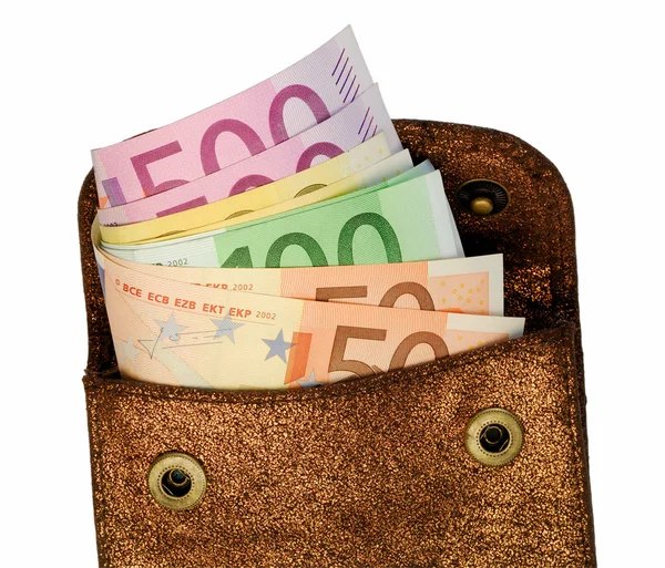 Billetera dorada con billetes en euros —  Fotos de Stock