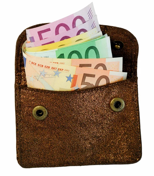 Goldene Brieftasche mit Euro-Scheinen — Stockfoto