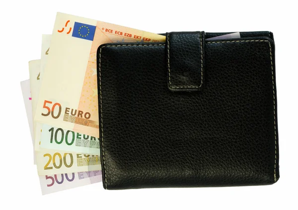 欧元纸币上白色隔离的黑色钱包 — 图库照片