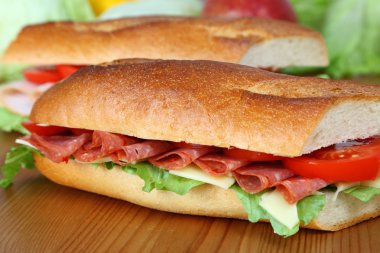 Closeup of a fresh sandwich with salami, swiss and tomatoes clipart