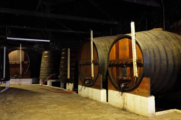 오래 된 와인 저장 고에서 나무로 되는 배럴 — 스톡 사진